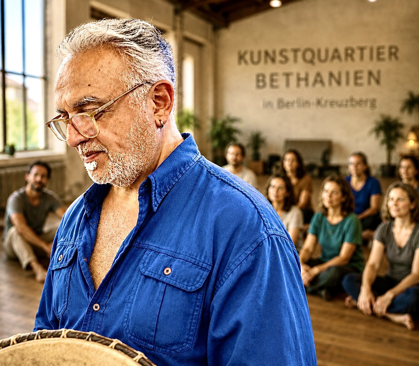 Jorge Aquista mit Rahmentrommel im Kunstquartier Bethanien