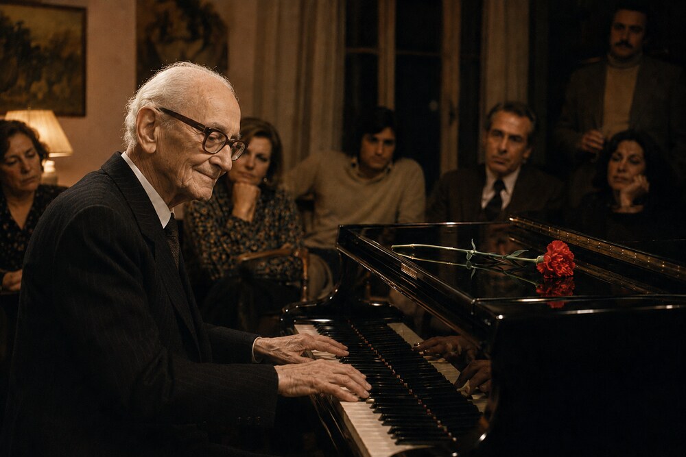 Bildinterpretation von Osvaldo Pugliese am schwarzen Flügel mit roter Nelke